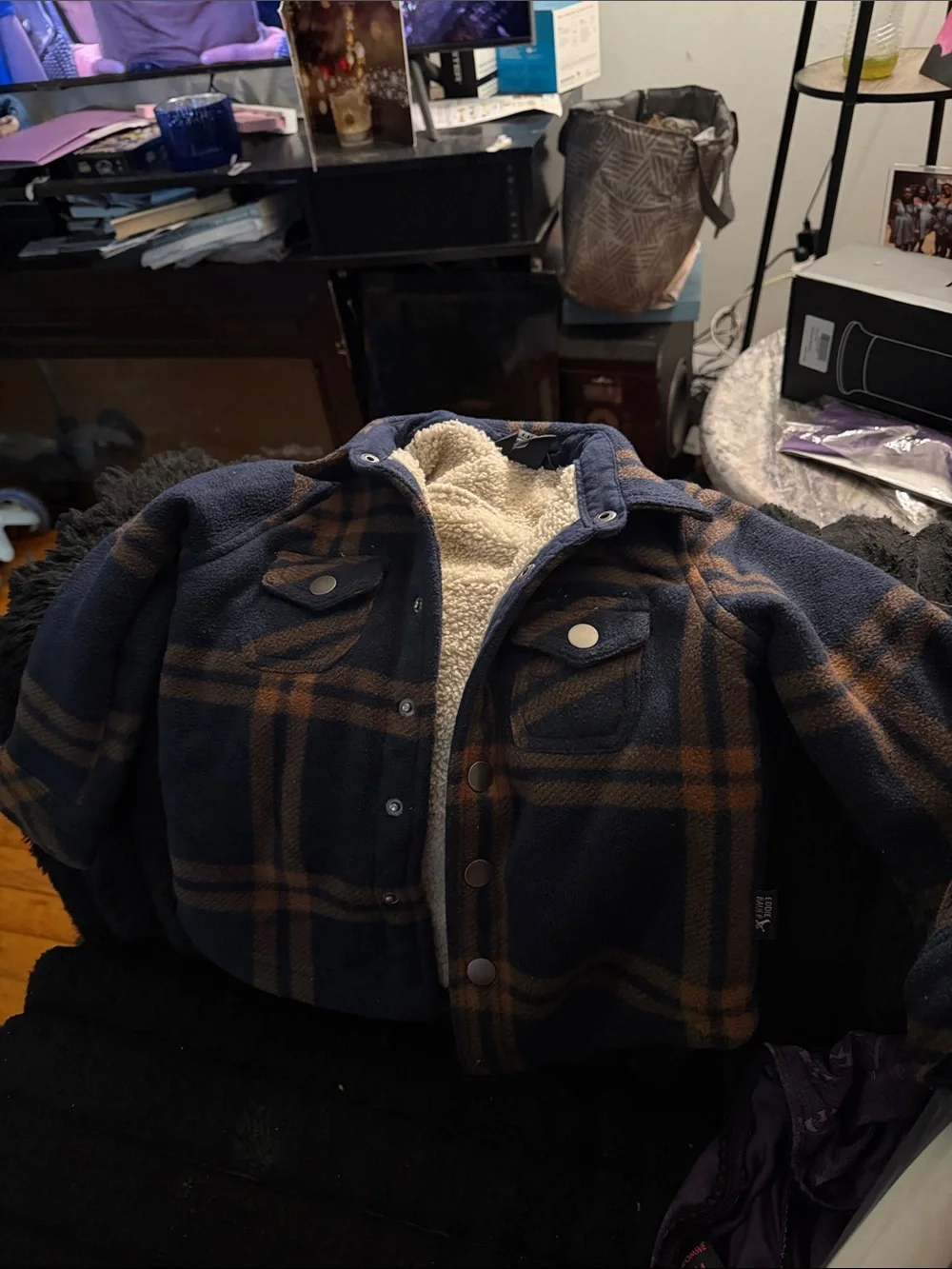 Eddie Bauer Navy and Brown Plaid Sherpa-Lined Jean Jacket